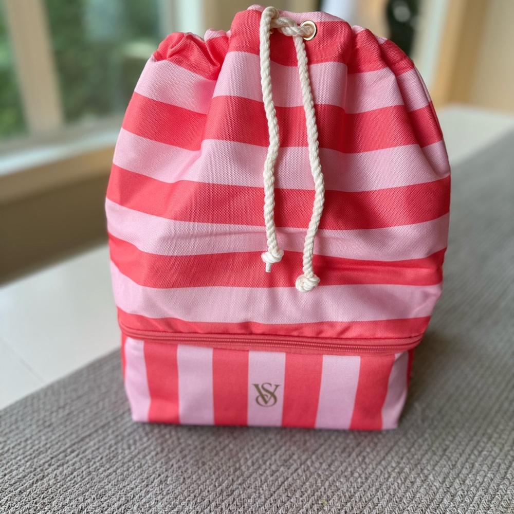 Victoria’s Secret Pink Coral Striped Drawstring Cooler Backpack NEW - Picture 13 of 14